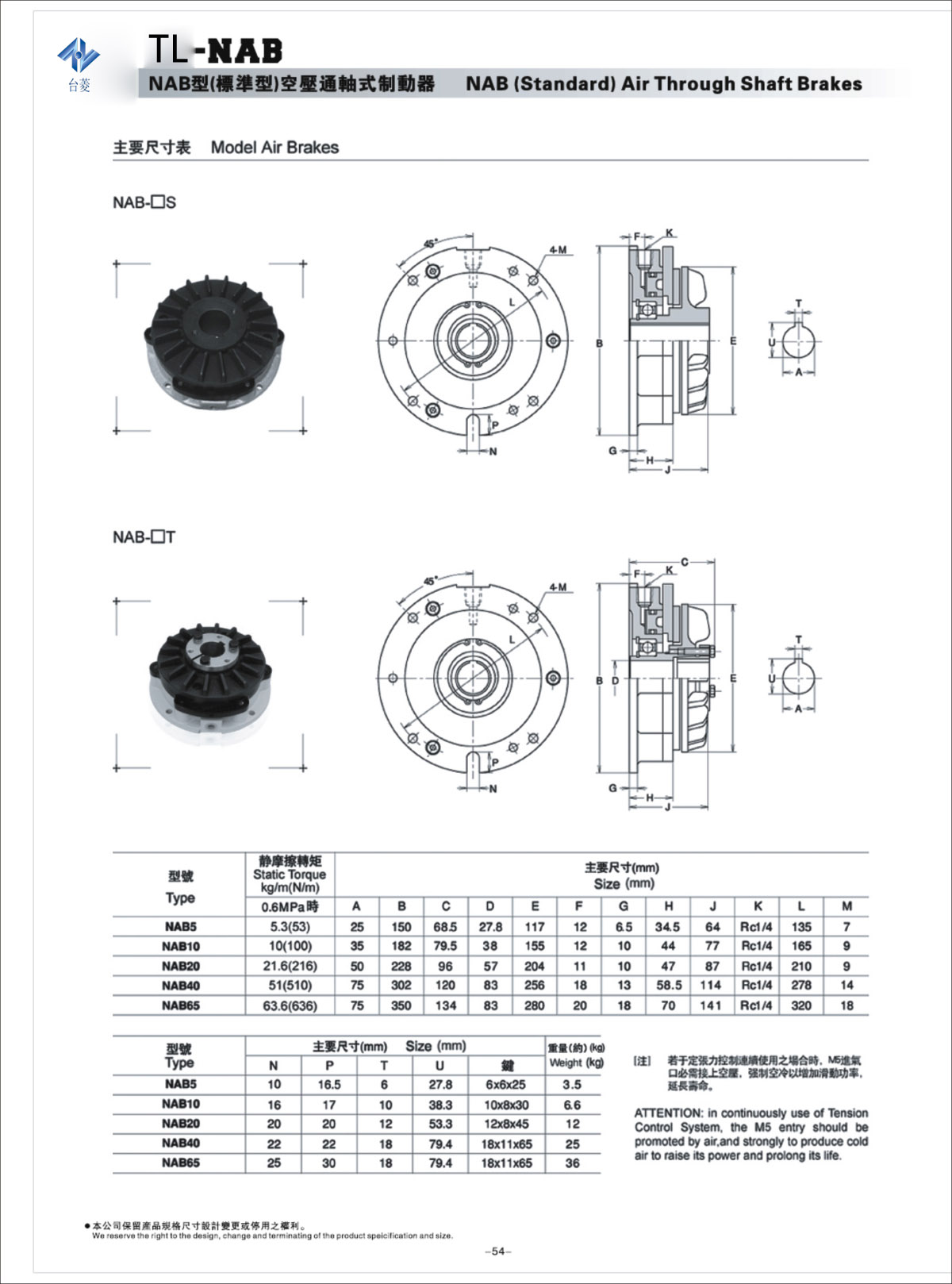 空压通轴式制动器NAB标准型规格型号尺寸参数表